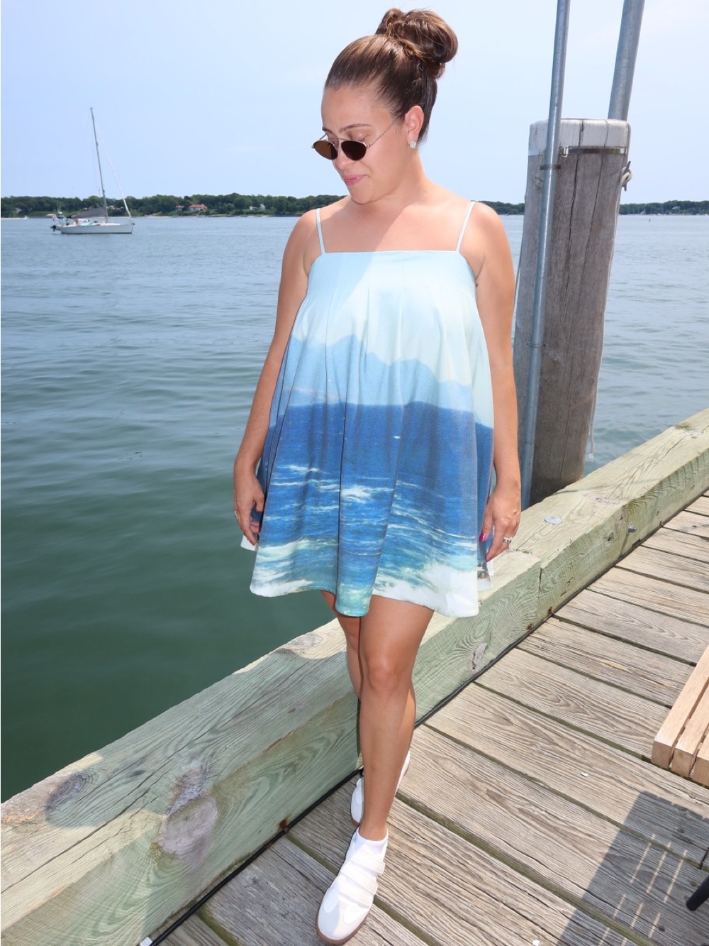 Sleeveless Blue Ombre Mini Dress with Ocean Print
